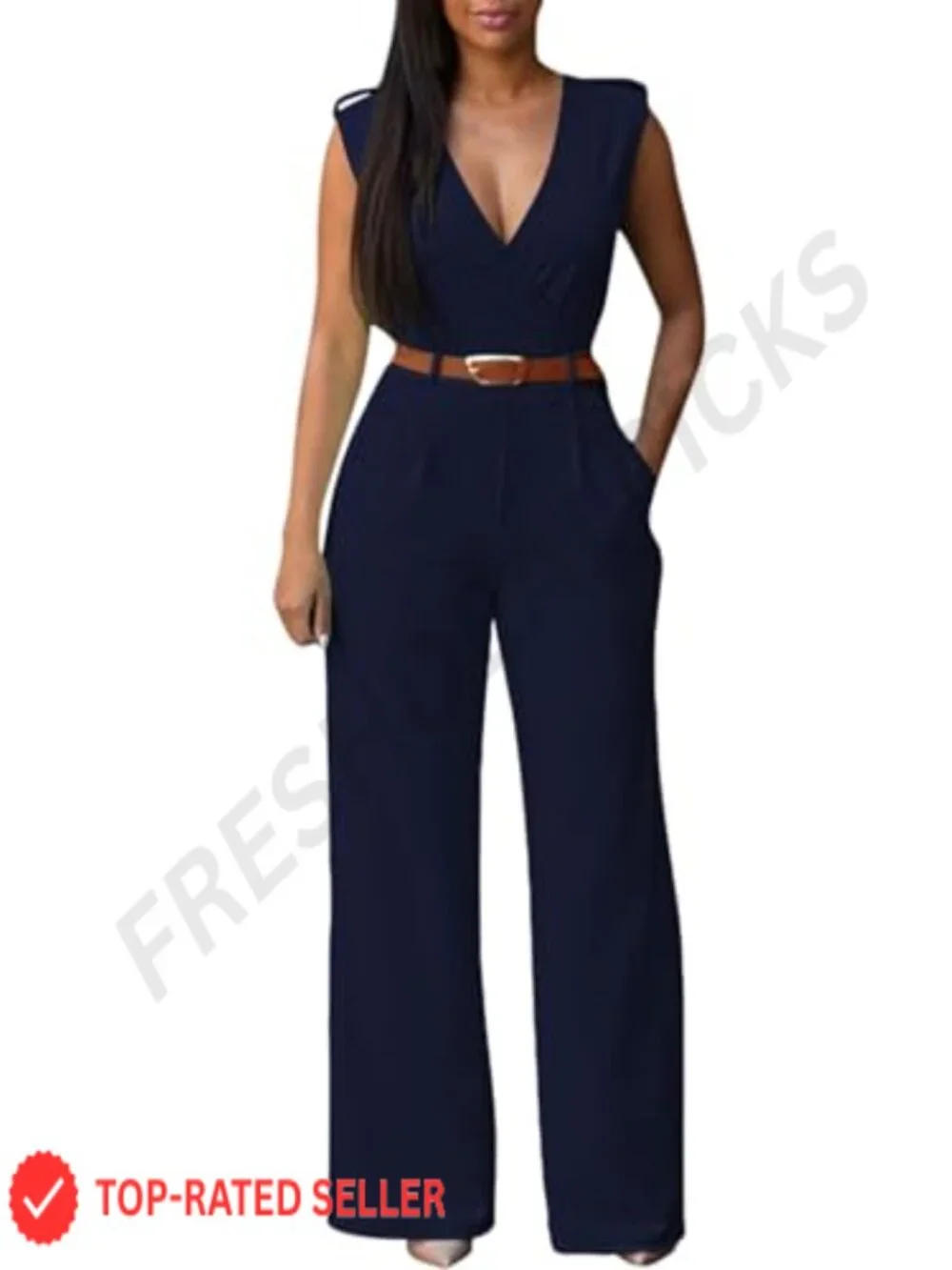 Women's Wide Leg Jumpsuit V-Neck Sleeveless Romper with Pockets & Belt